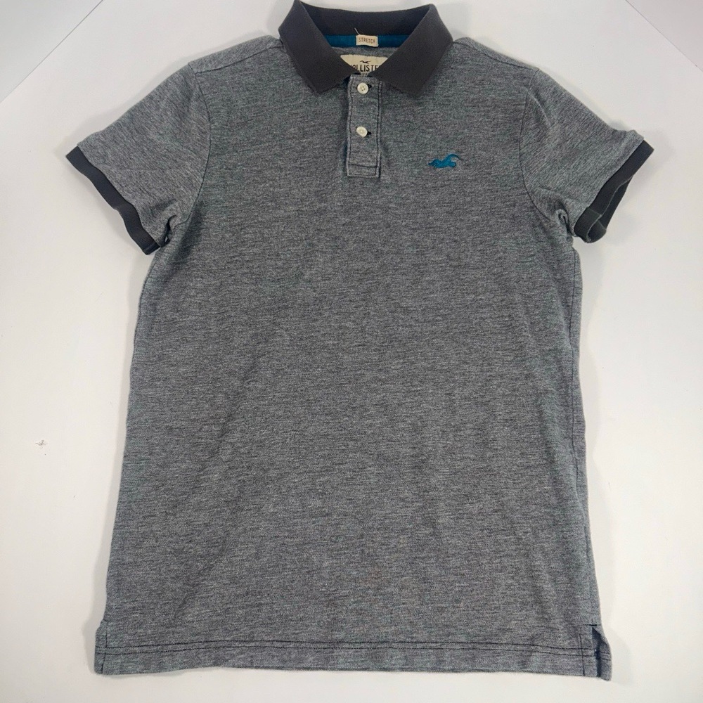 Hollister Mens Polo Shirt Medium Two Tone Grey Epic Flex Stretch Blue Logo - Picture 1 of 8